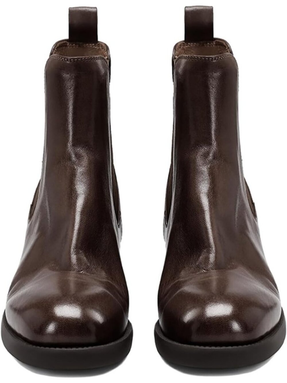 Women's Dark Brown Leather Chelsea Flat Round Toe Elastic Chunky Low Heels Boot - Picture 4 of 6